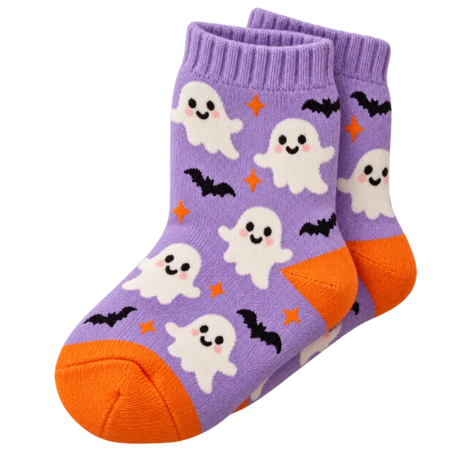 Lavender knitted socks with white ghosts, black bats and orange heels and toes