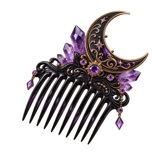 Black hair comb with a crescent moon, purple crystals and dangling jewel
