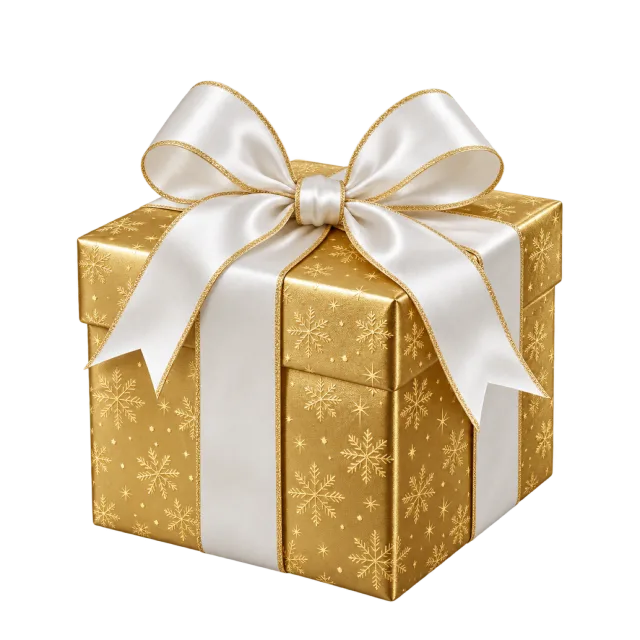 A gold snowflake gift box tied with a large white satin bow