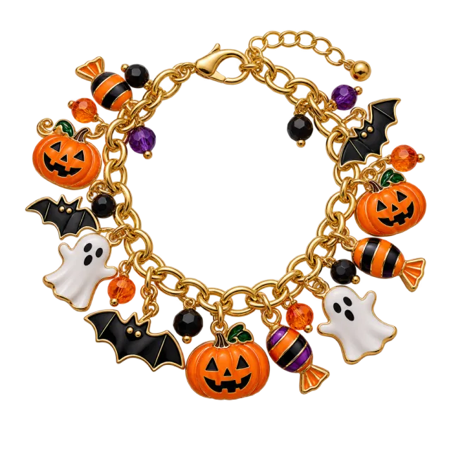 Gold charm bracelet with pumpkin, ghost, bat and candy charms