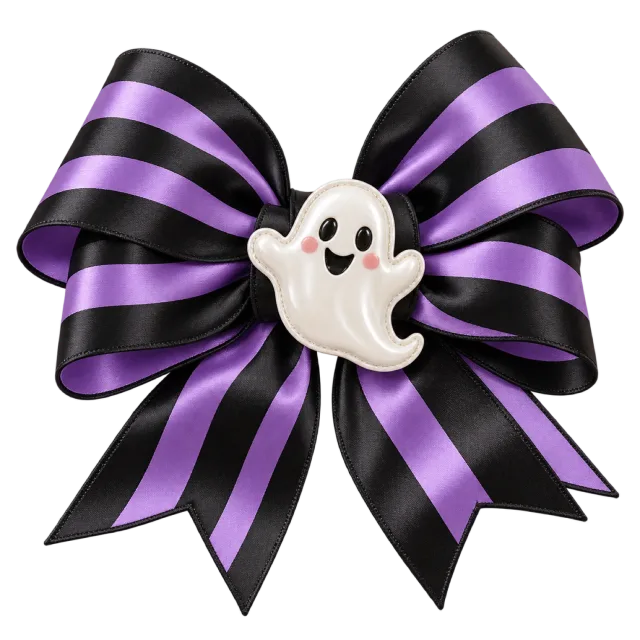 Black and purple striped hair bow with a white ghost centerpiece
