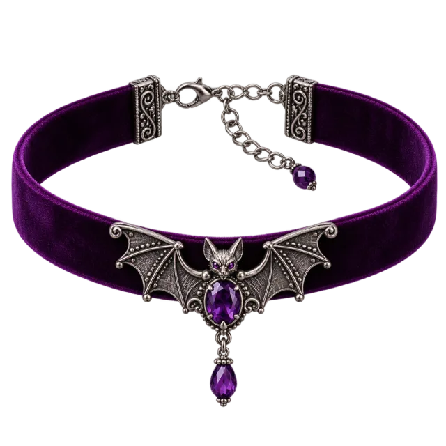 Purple velvet choker with a silver bat pendant and a dangling purple jewel