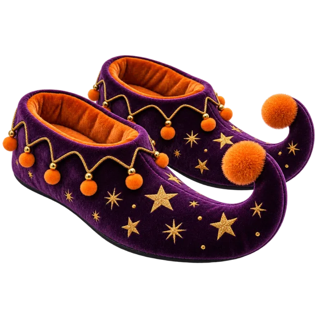 Purple curled-toe slippers with gold stars, orange lining and pompom tips