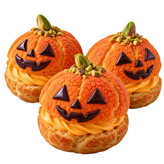Three orange cream puffs decorated as jack-o-lanterns