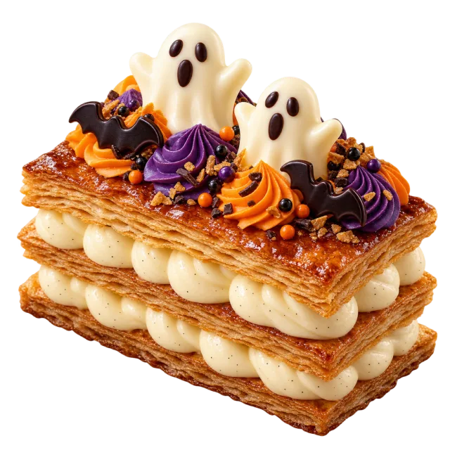 Layered mille-feuille pastry topped with white ghosts and orange and purple cream