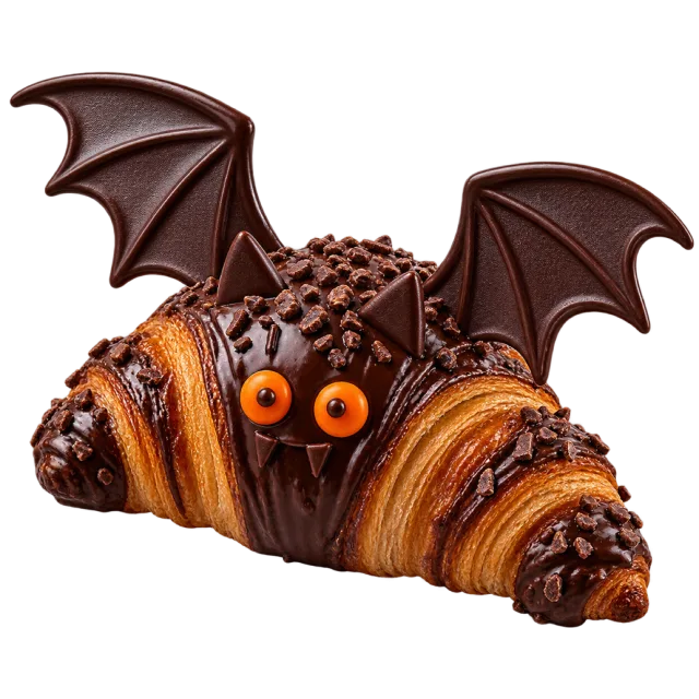 Chocolate croissant with large chocolate bat wings and orange candy eyes