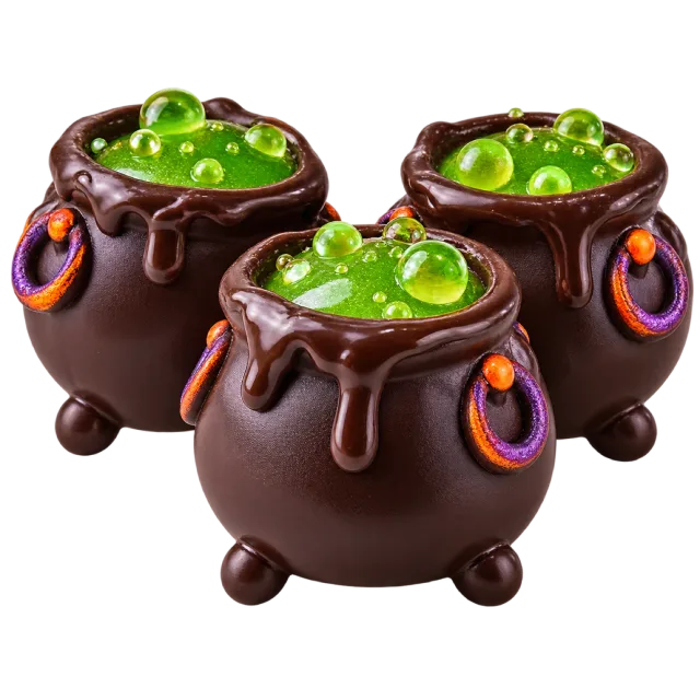 Chocolate cauldron truffles filled with bright green bubbling centers
