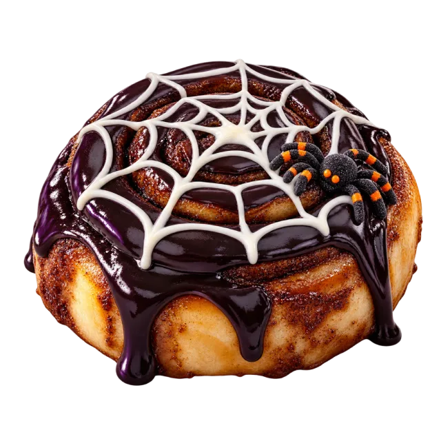 Chocolate-glazed cinnamon roll with a white icing spiderweb and a small spider