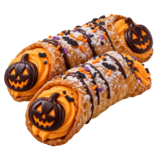 Cannoli filled with orange cream and decorated with pumpkin faces and chocolate drizzle