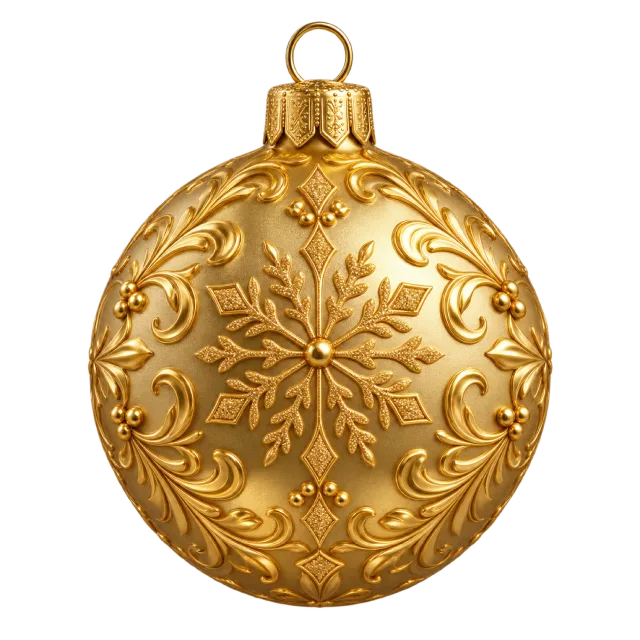 A golden round ornament with an embossed floral and leaf design