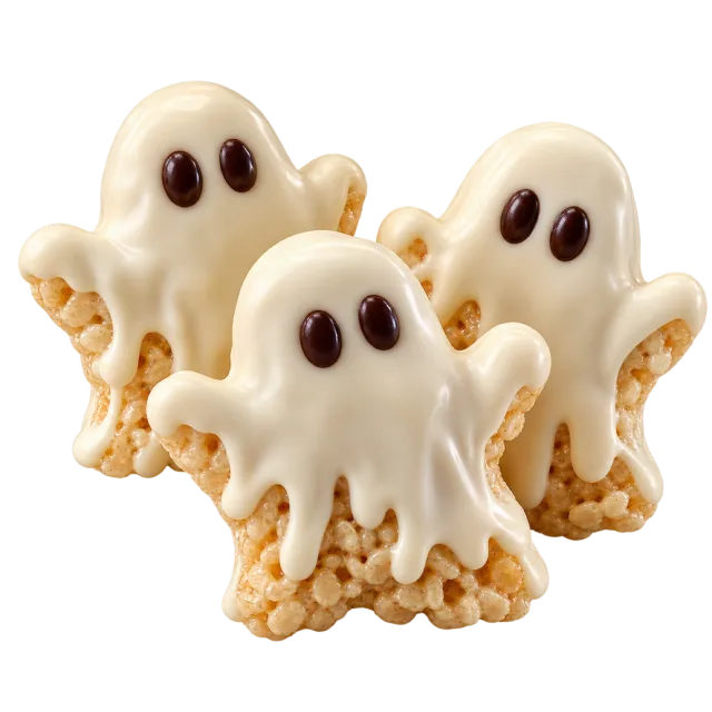 Ghost-shaped rice crispy treats coated in white icing with dark eyes and mouths