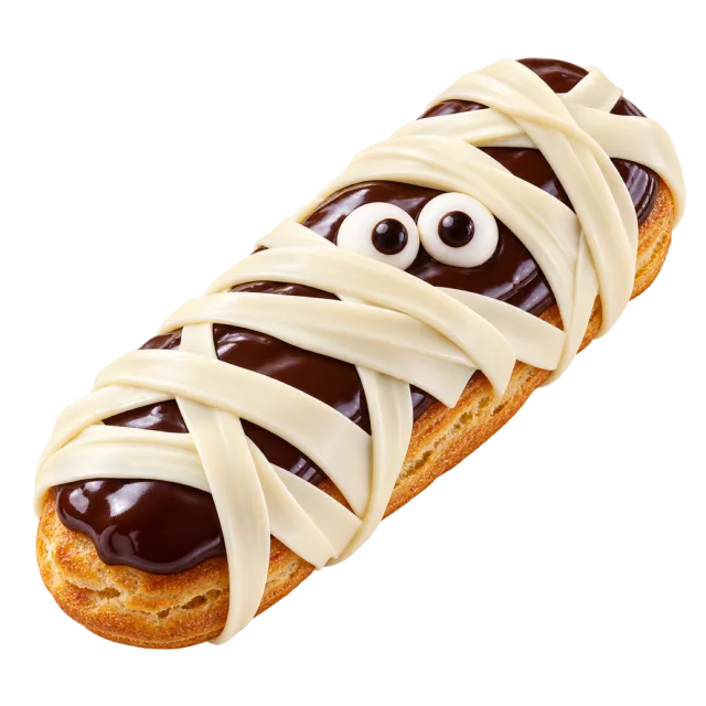 Chocolate eclair wrapped in white icing strips with two round eyes