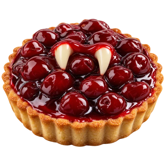 Cherry tart with glossy red fruit and two white vampire fangs