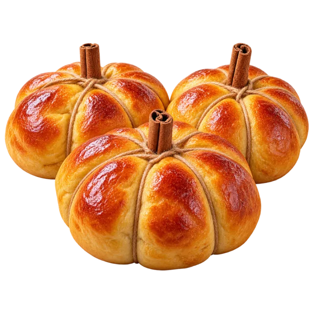 Golden pumpkin-shaped brioche buns with brown stems