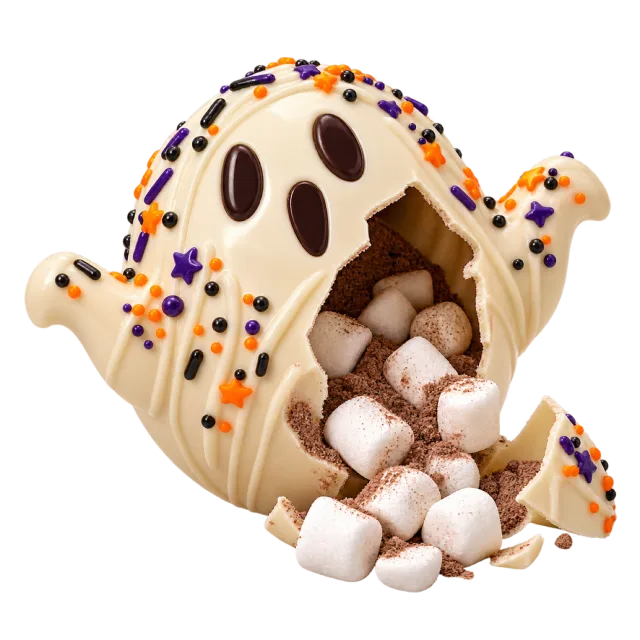 White ghost-shaped chocolate shell broken open to reveal mini marshmallows