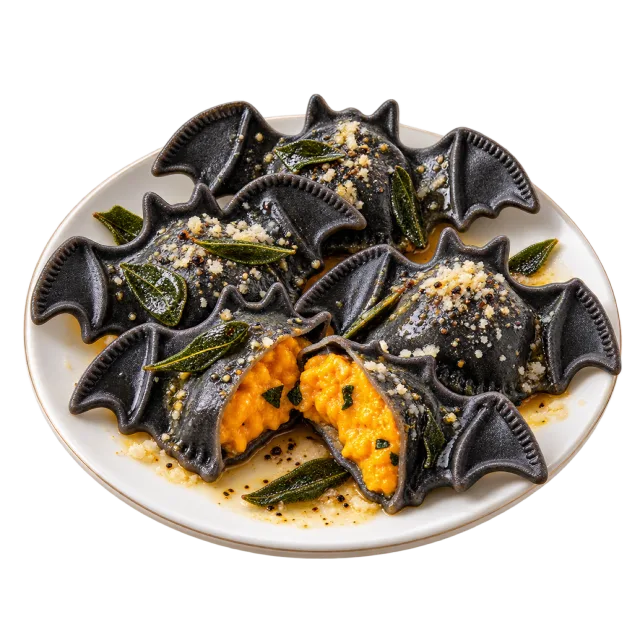 Black bat-shaped ravioli on a plate with orange filling visible in a cut piece