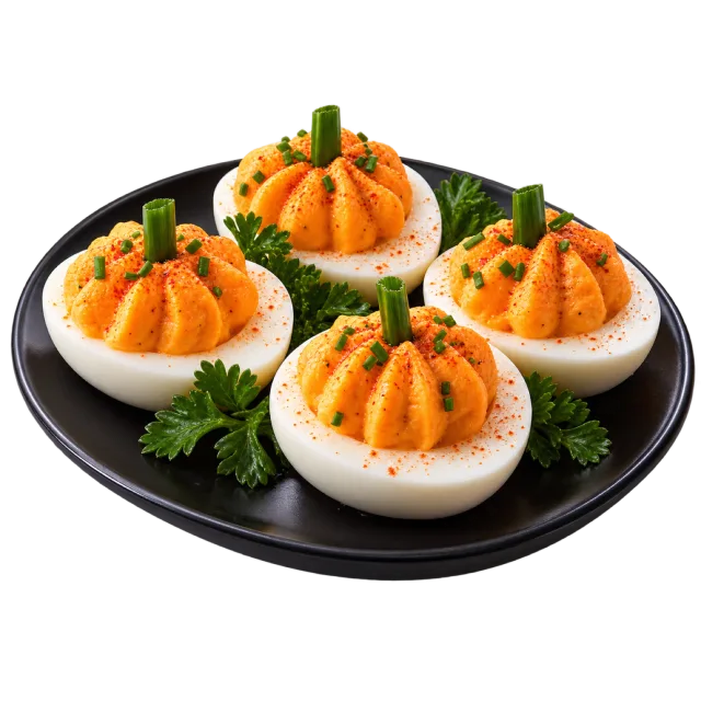 Deviled eggs with orange pumpkin-shaped filling and green stems on a black plate