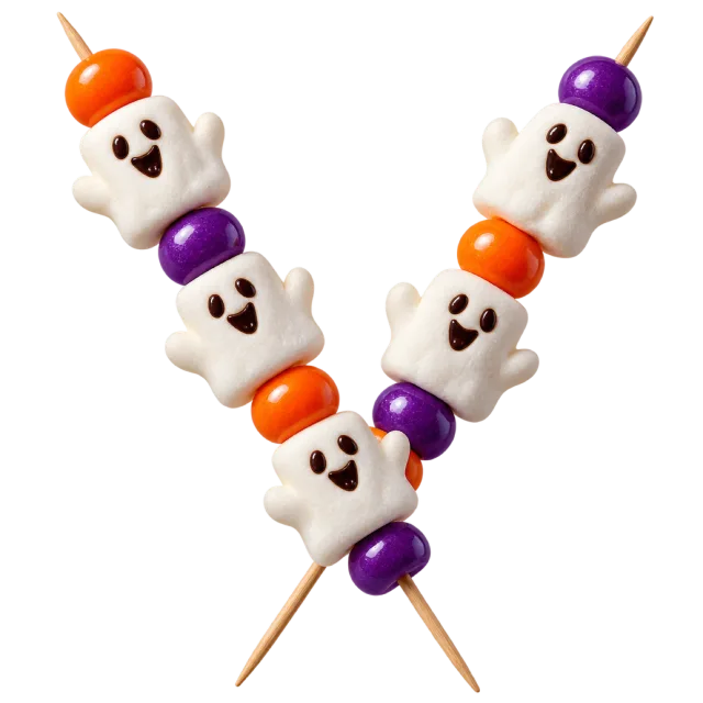 Two skewers alternating white ghost marshmallows with orange and purple sweets