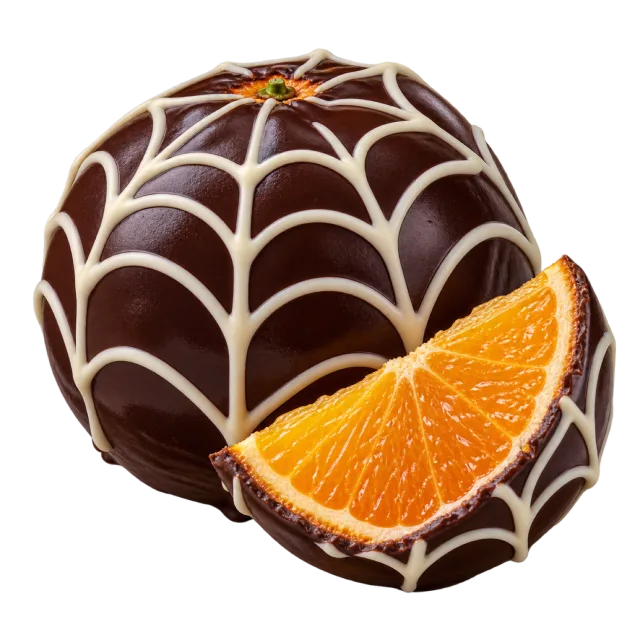 Chocolate-covered orange with white spiderweb icing and an exposed orange wedge