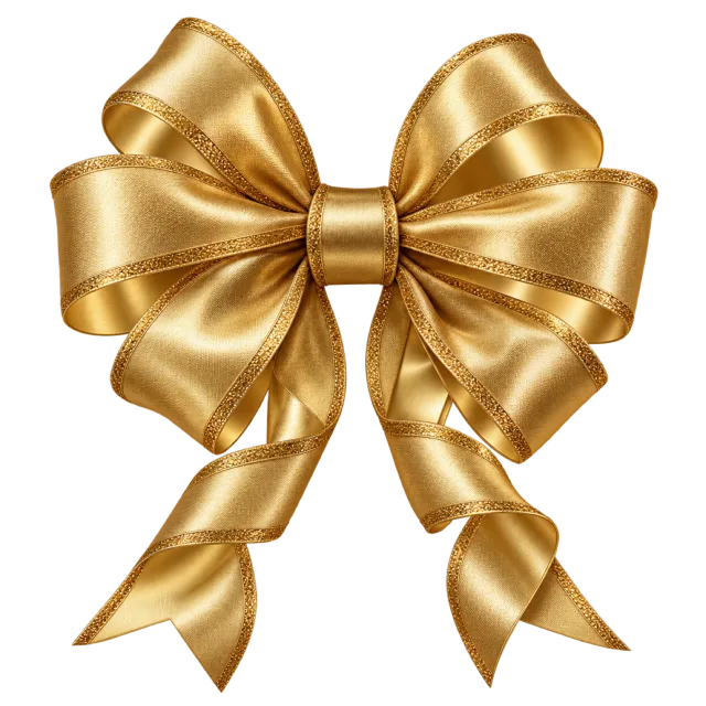 A large gold satin bow with curled hanging ribbon ends
