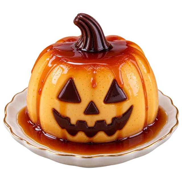 Orange pumpkin-shaped flan with a jack-o-lantern face and caramel sauce