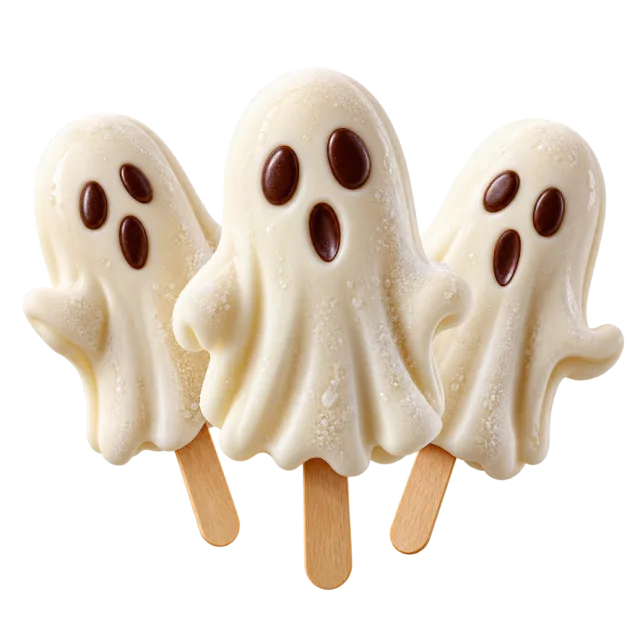 Three white ghost-shaped popsicles on wooden sticks