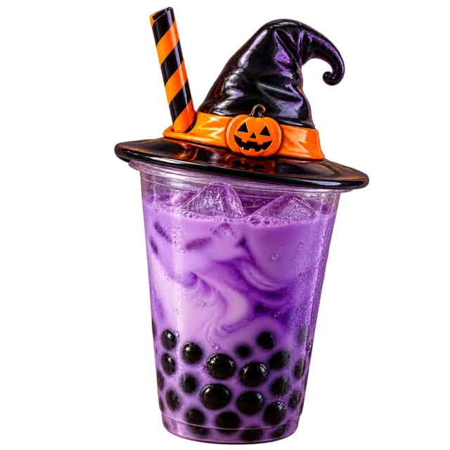 Purple bubble tea with black pearls, a striped straw and a witch-hat lid