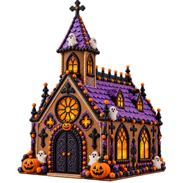 Decorated gingerbread chapel with purple roofs, orange windows and dark icing trim