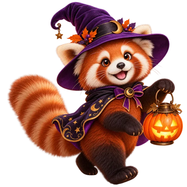 Red panda wearing a purple witch hat and cape while holding a pumpkin lantern