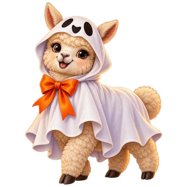 Alpaca in a white ghost costume with an orange bow