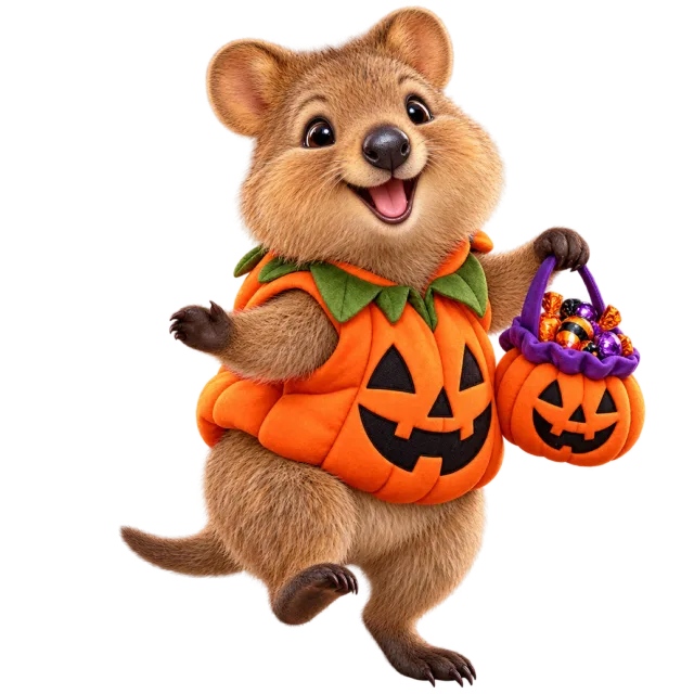 Smiling quokka in a pumpkin costume carrying a jack-o-lantern treat bucket