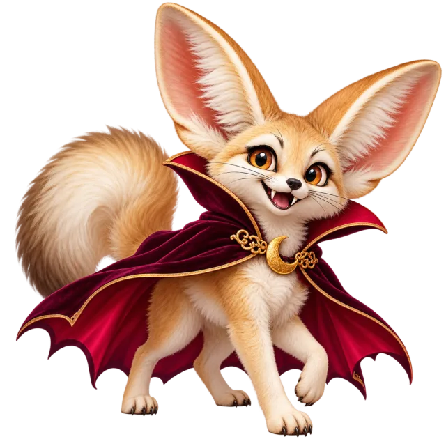 Fennec fox wearing a burgundy vampire cape with a gold clasp