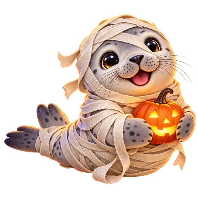 Seal wrapped as a mummy holding a glowing pumpkin lantern