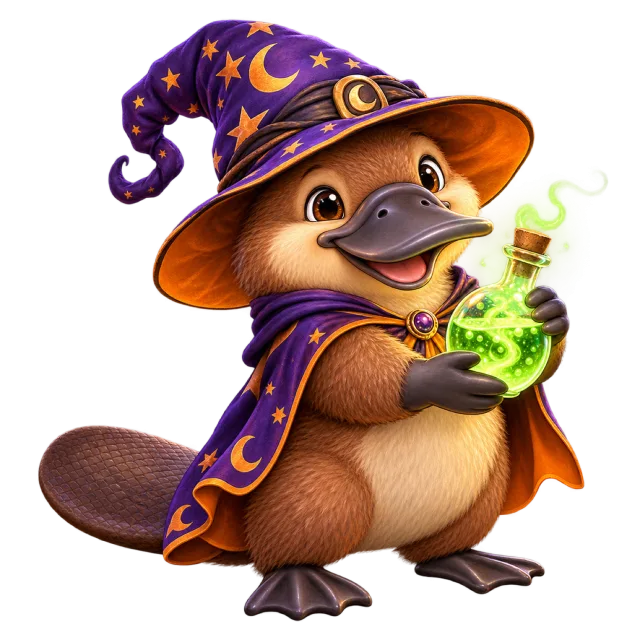 Platypus wearing a purple wizard hat and cape while holding a green potion