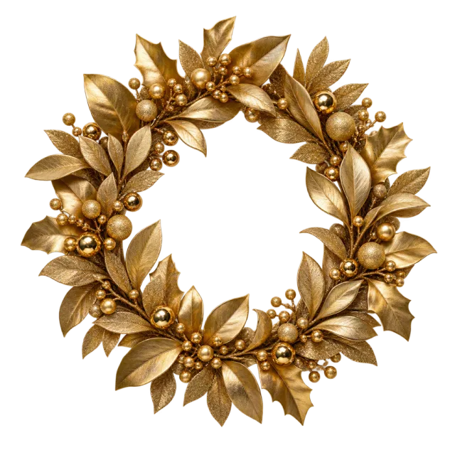 A circular wreath of gold leaves and metallic berries