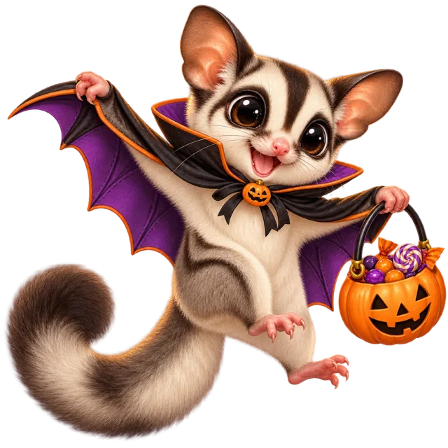 Sugar glider wearing bat wings and holding a pumpkin candy bucket
