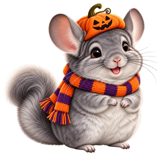 Gray chinchilla with a pumpkin cap and an orange and purple scarf