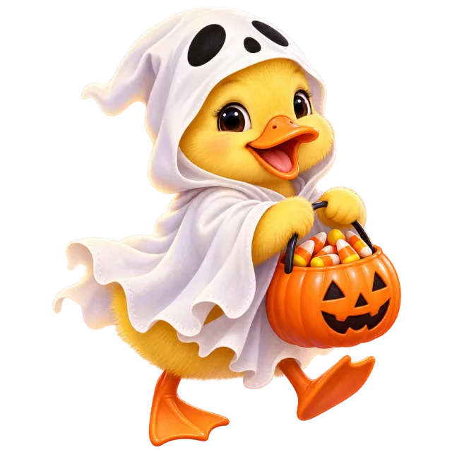 Yellow duckling in a white ghost costume carrying a pumpkin bucket