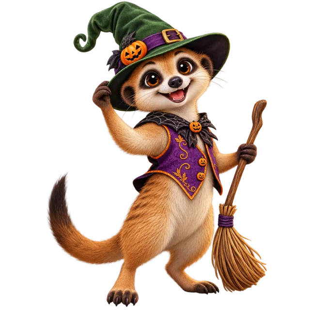 Meerkat in a witch hat and purple vest holding a broom