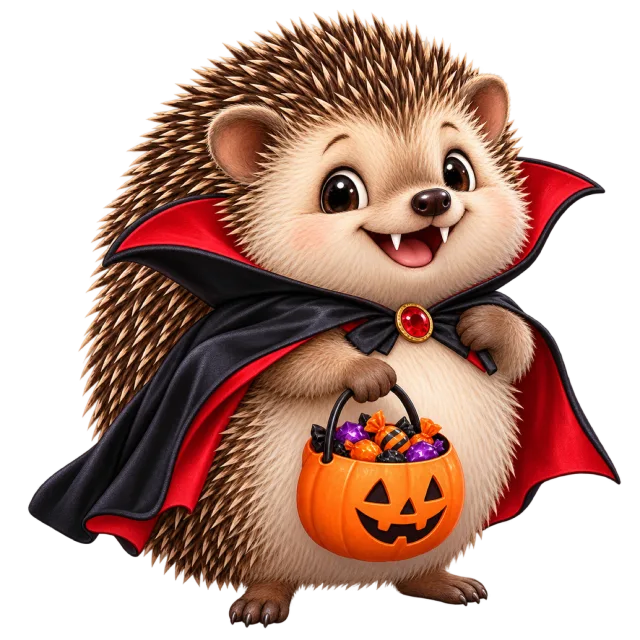 Hedgehog wearing a black and red vampire cape beside a pumpkin bucket