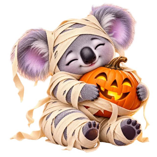 Sleeping koala wrapped as a mummy and hugging a jack-o-lantern
