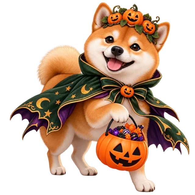Shiba dog wearing a pumpkin crown and green cape with a pumpkin bucket