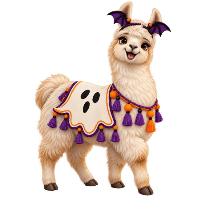 Llama wearing a ghost-decorated cape and purple bat headpiece