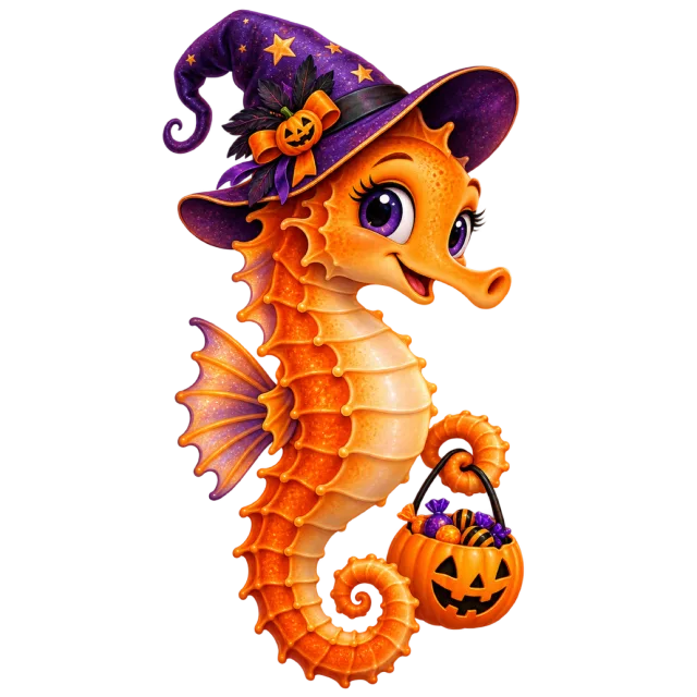 Orange seahorse wearing a purple witch hat and carrying a pumpkin bucket