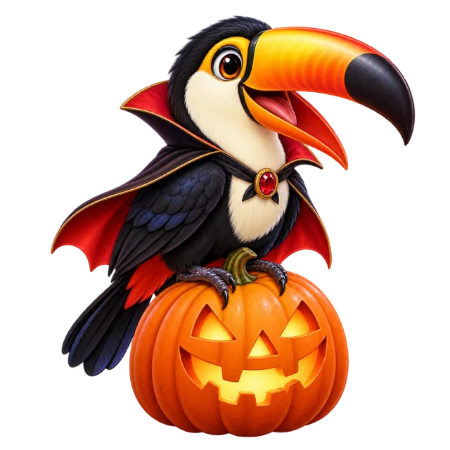 Toucan wearing a vampire cape and perched on a jack-o-lantern