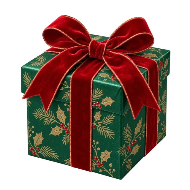 A dark green gift box with gold botanical patterns and a red ribbon bow
