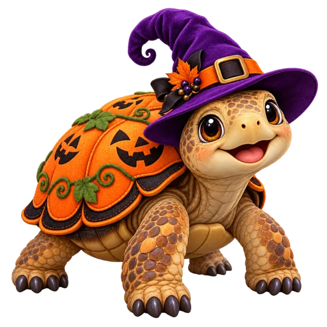 Tortoise with an orange pumpkin-patterned shell and a purple witch hat