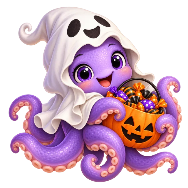 Purple octopus in a white ghost costume holding a pumpkin candy bucket