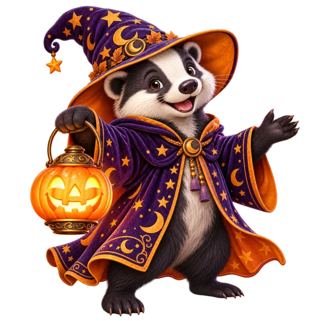 Badger wearing a purple wizard hat and robe while carrying a pumpkin lantern