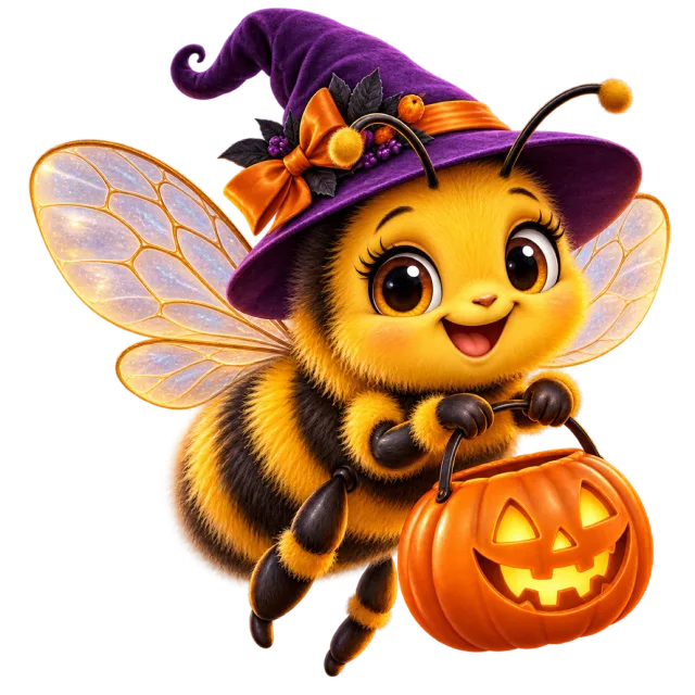 Smiling bumblebee in a purple witch hat holding a glowing jack-o-lantern